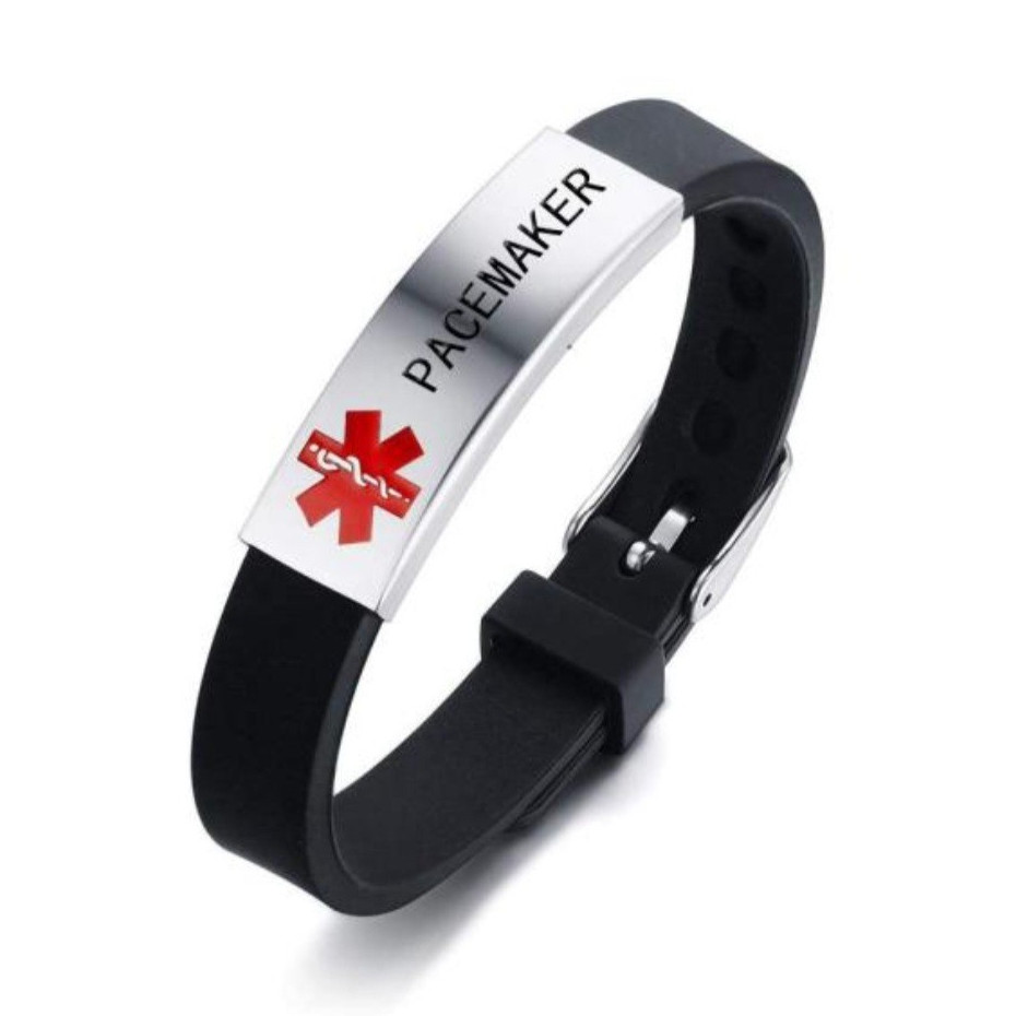 Medical Alert Pacemaker Bracelet, Adjustable Black/Silver Stainless Steel Unisex