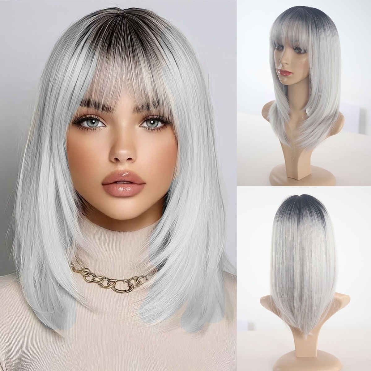 16in Long Straight Silver Grey Wig with Bangs Heat Resistant Synthetic for Women
