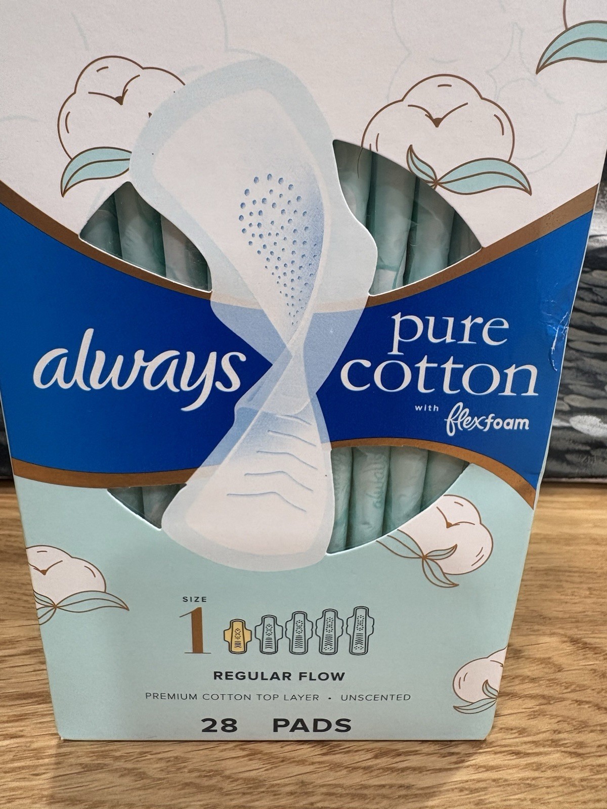 Always Pure Cotton FlexFoam Pads Size 1 Regular Flow Unscented 28 Count New
