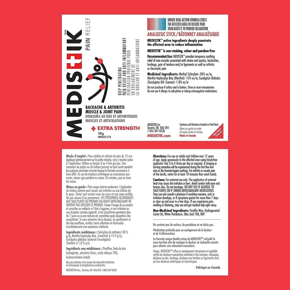 MEDISTIK Extra Strength Pain Relief Stick 58g Back Muscle Joint Pack of 4