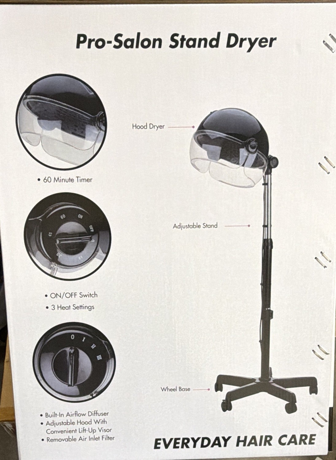 Everyday Hair Care Pro-Salon Standing Hood Dryer Stand 3 Heat/Speed 60 Min Black