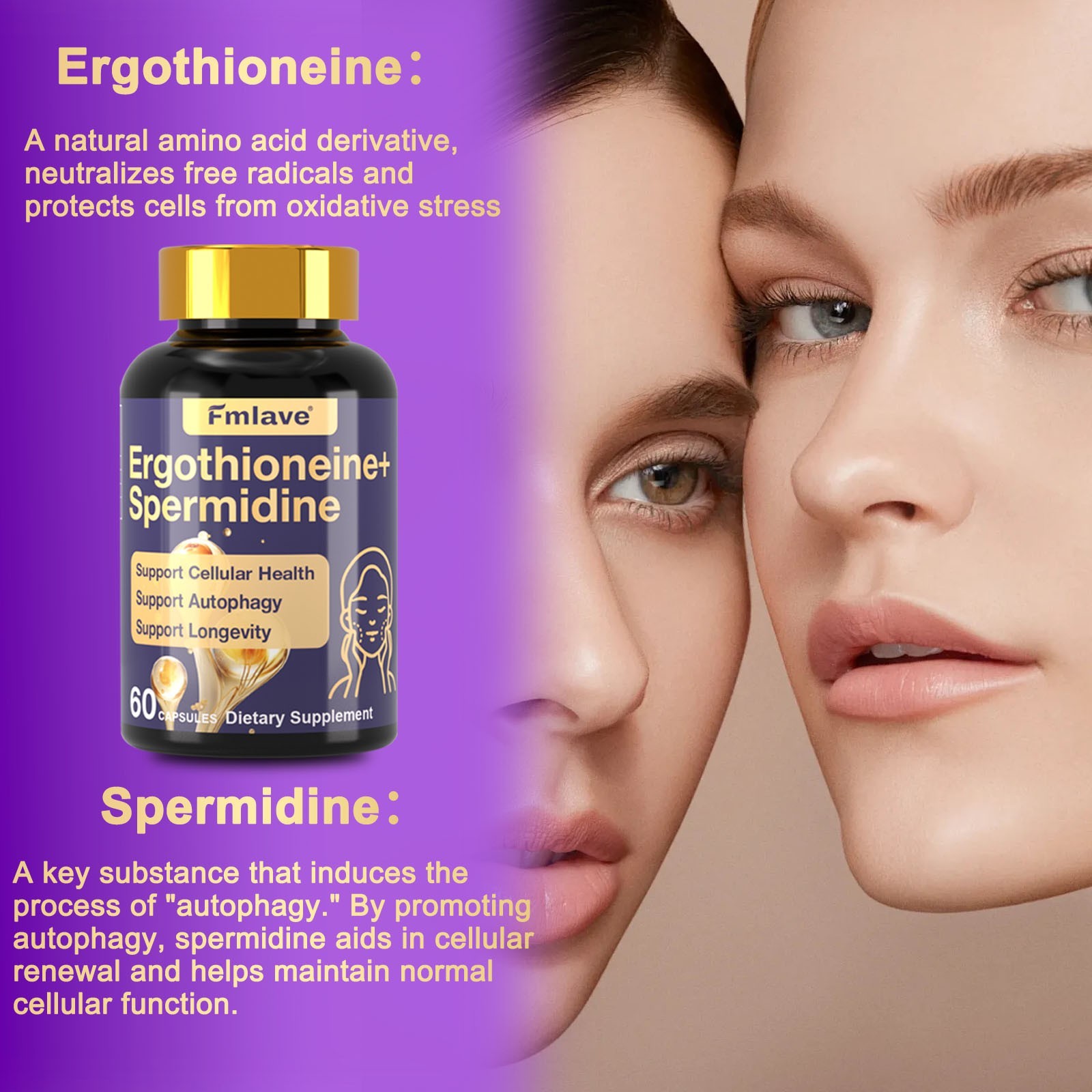 L-Ergothioneine 25 mg + Spermidine Supplement for Longevity & Anti Aging 60 Caps