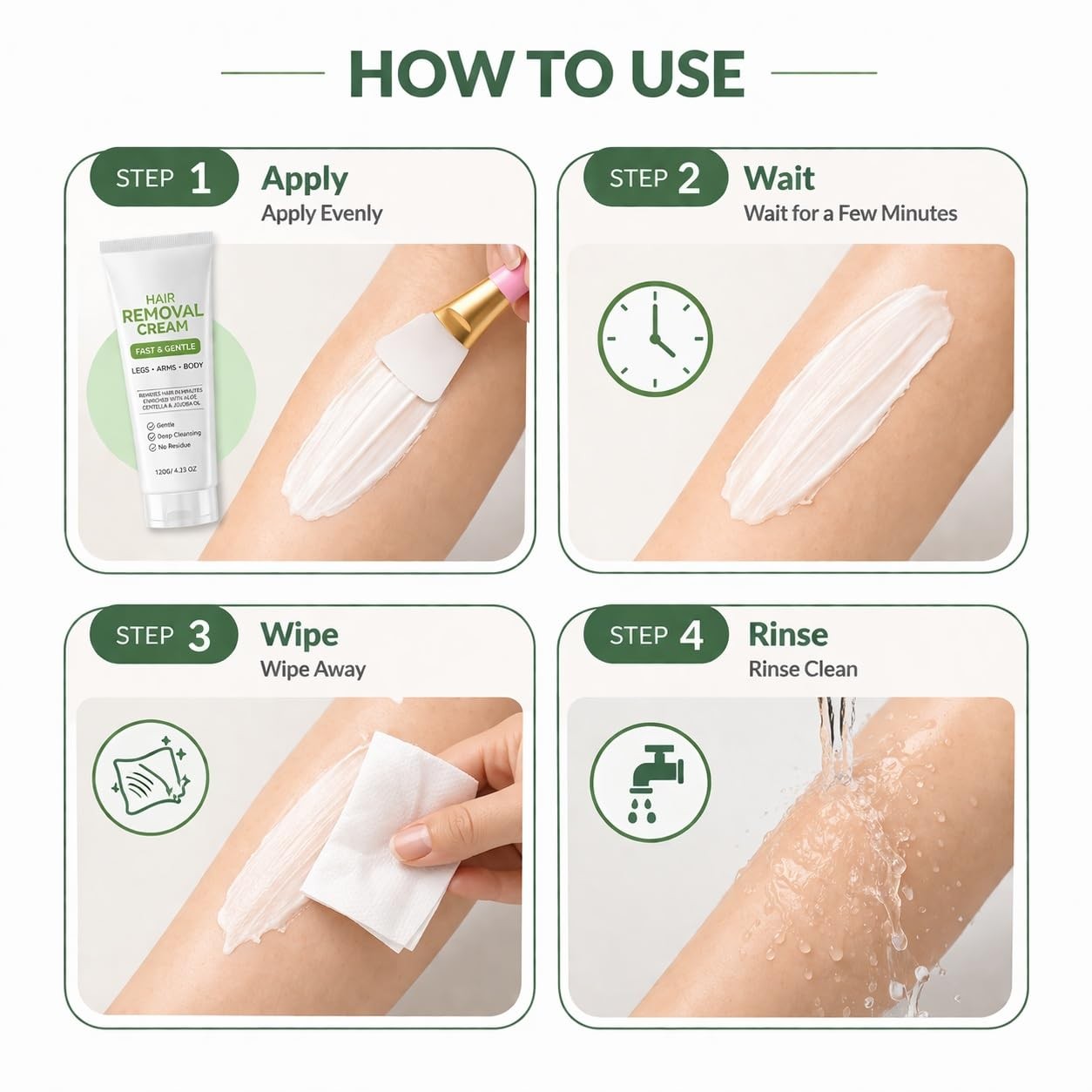 Hair Removal Cream with Applicator Brush for Legs, Arms & Body, 120g