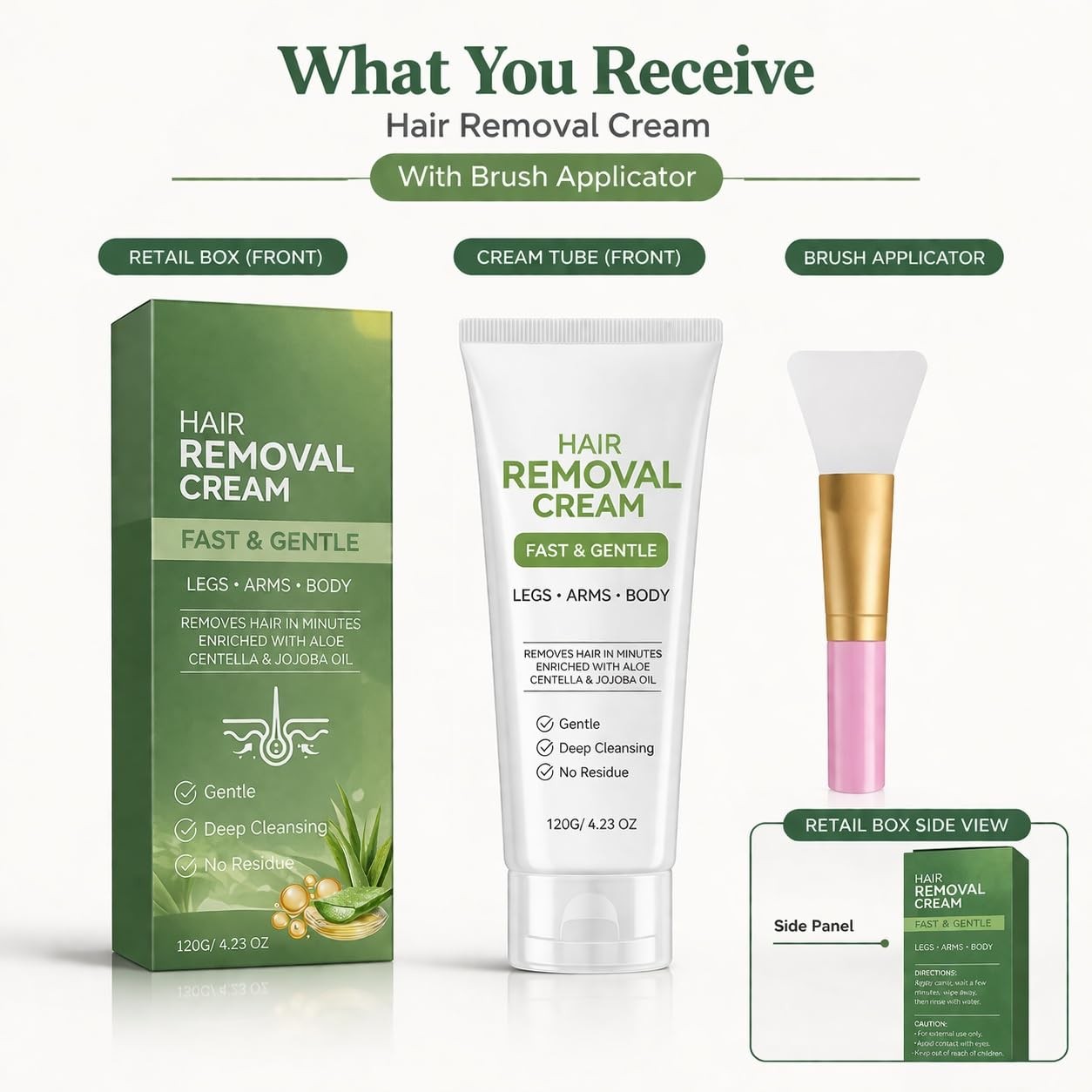 Hair Removal Cream with Applicator Brush for Legs, Arms & Body, 120g