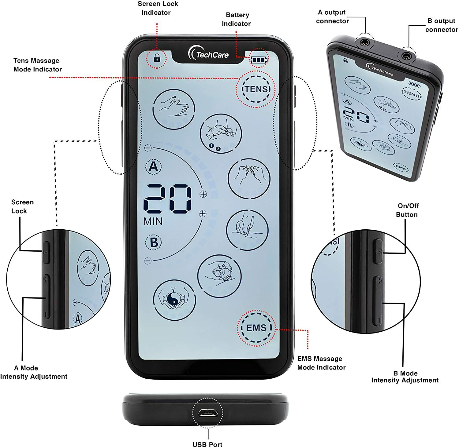 Rechargeable Tens Unit Machine Pulse Massager Full Body Pain Relief Device