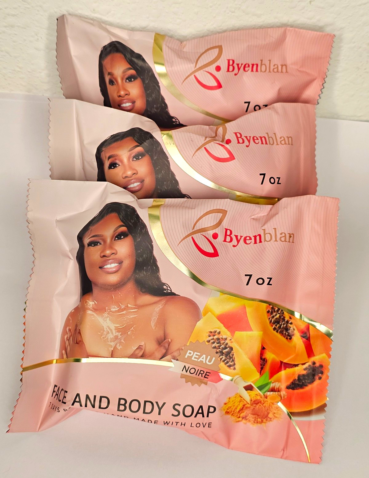 Byenblan Peau Noire Handmade Papaya Face & Body Soap Bar, 3-PC 7 oz