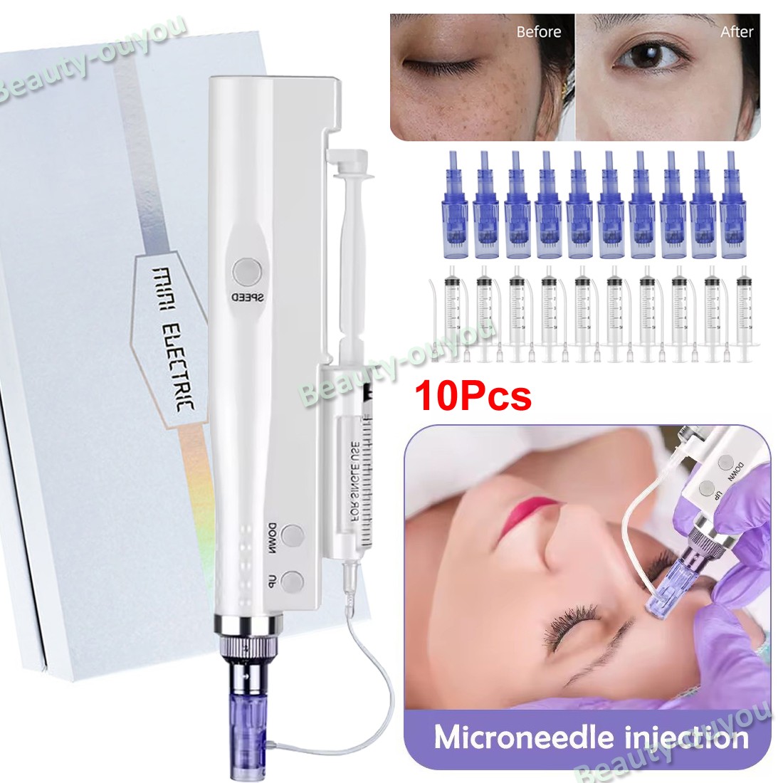 Eye Skin Care Wrinkle Removal Pen Mesotherapy Gun with 10Pcs 3D Cartridges Tips