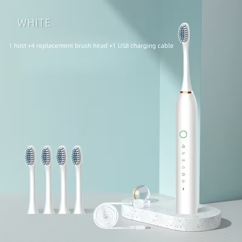 USB Rechargeable Sonic Toothbrush 6 Modes Adult Oral Care 4 Extra Brush Heads