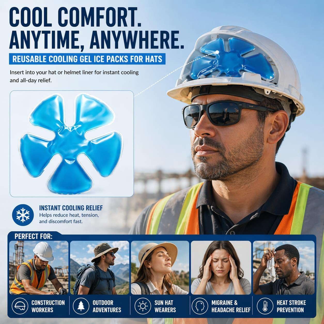 Reusable Cooling Gel Ice Packs for Hats, Adjustable Cold Therapy Headband Insert