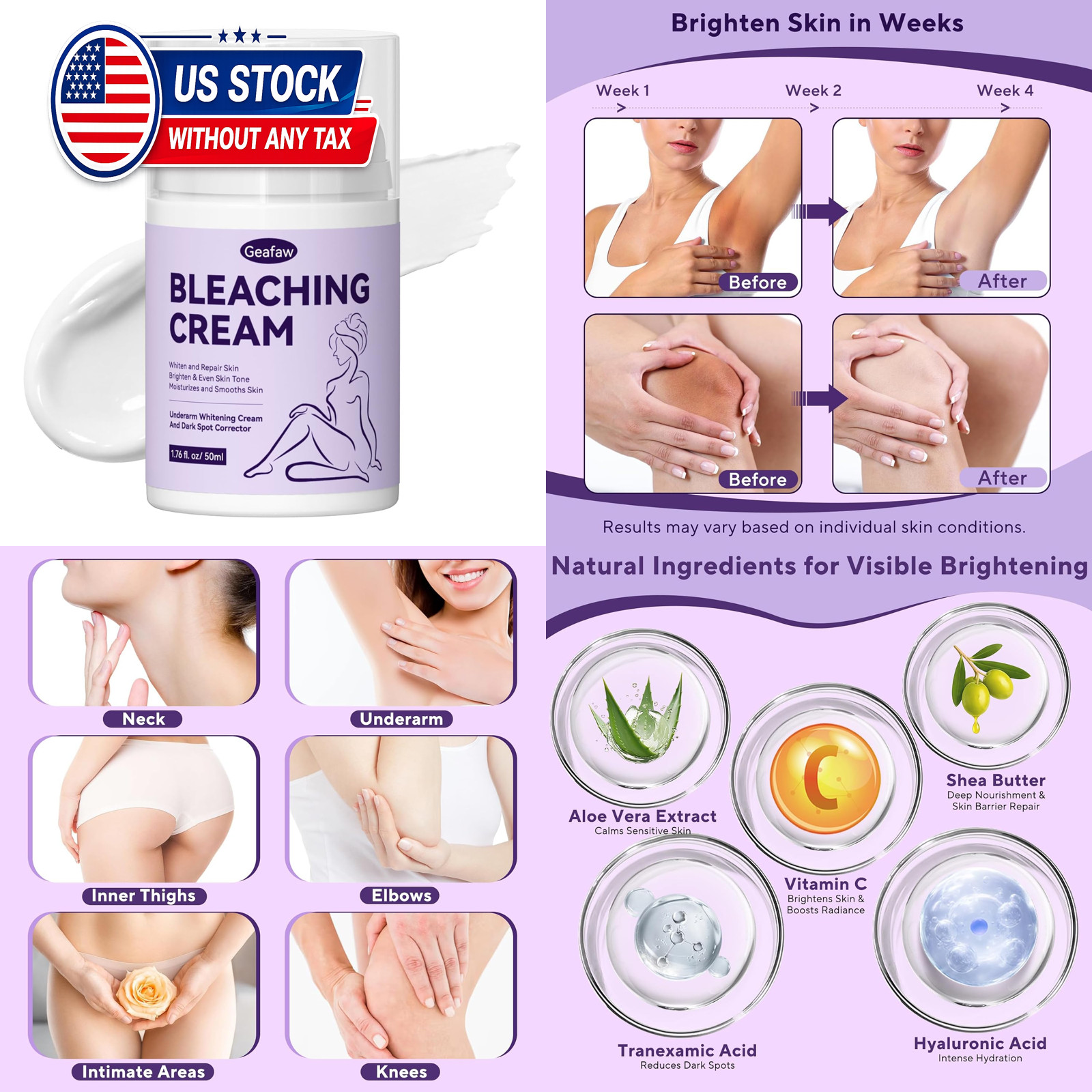 Skin Lightening Cream with Vitamin C for Face Body and Intimate Areas 1.7 Fl Oz