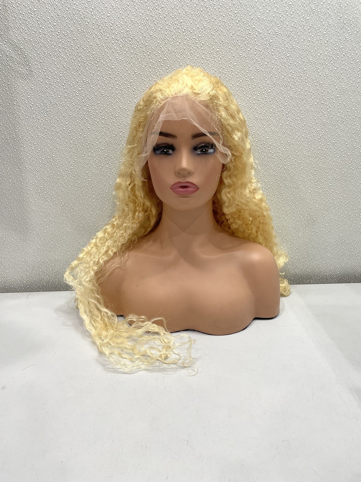 613 Blonde Curly Human Hair Blend 13×6 Lace Front Glueless Wig, 32”