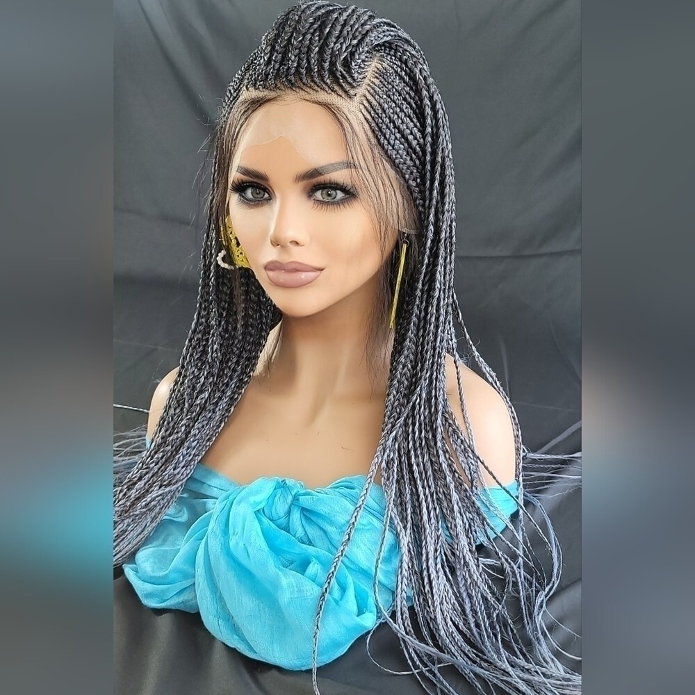 Braided Wig Micro Braids Lace Front Glueless 26in Silver Black Ombre Handmade