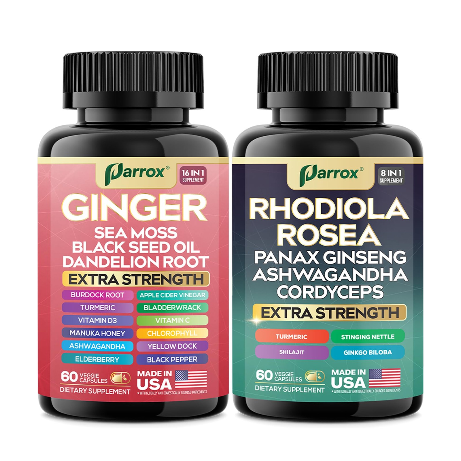 Parrox Dynamic Duo Herbal Bundle Ginger Rhodiola Rosea Sea Moss Ashwagandha