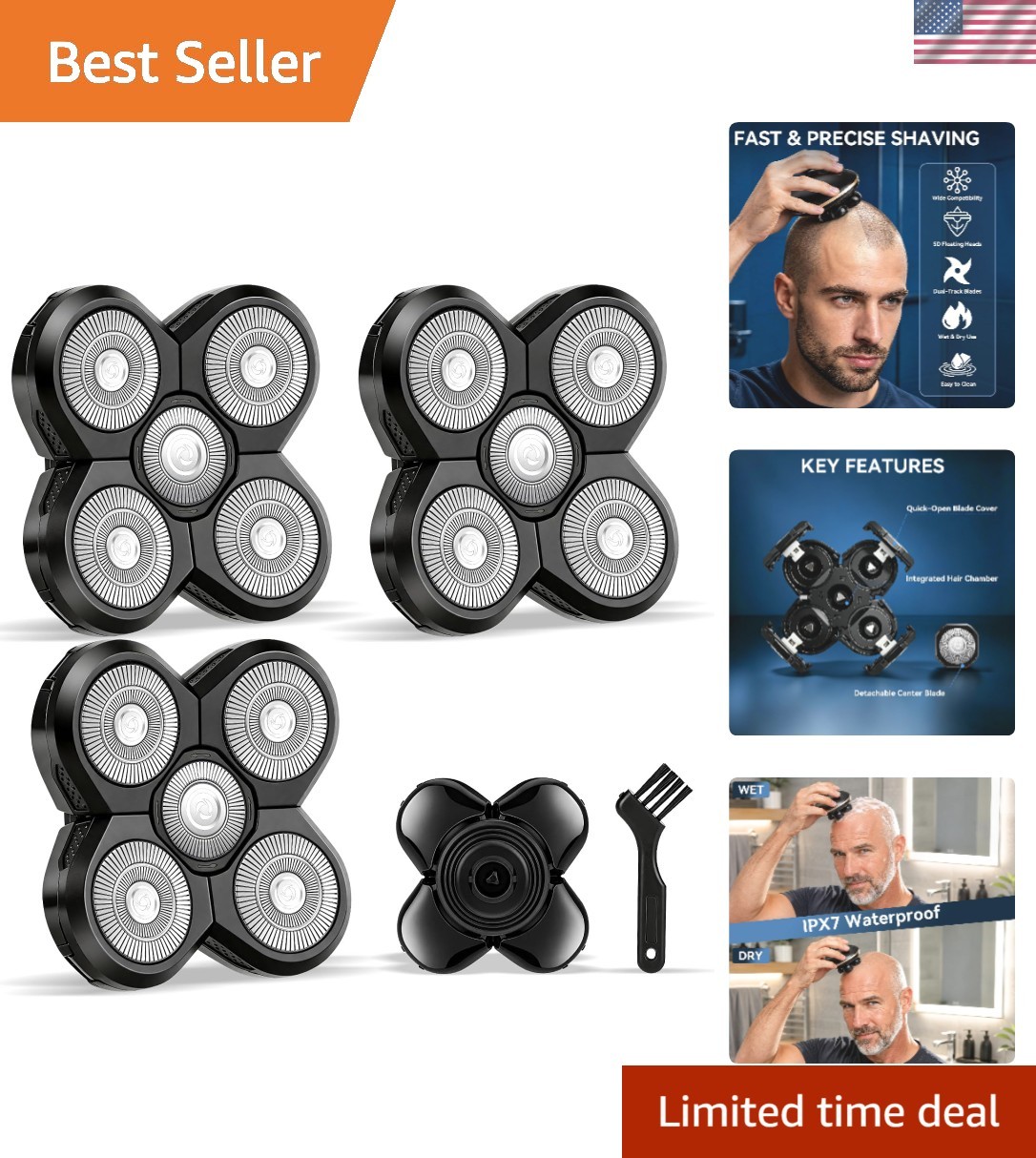 Men’s 5-Blade Head Shaver Replacement Heads (3 PCS) with Cleaning Brush Included