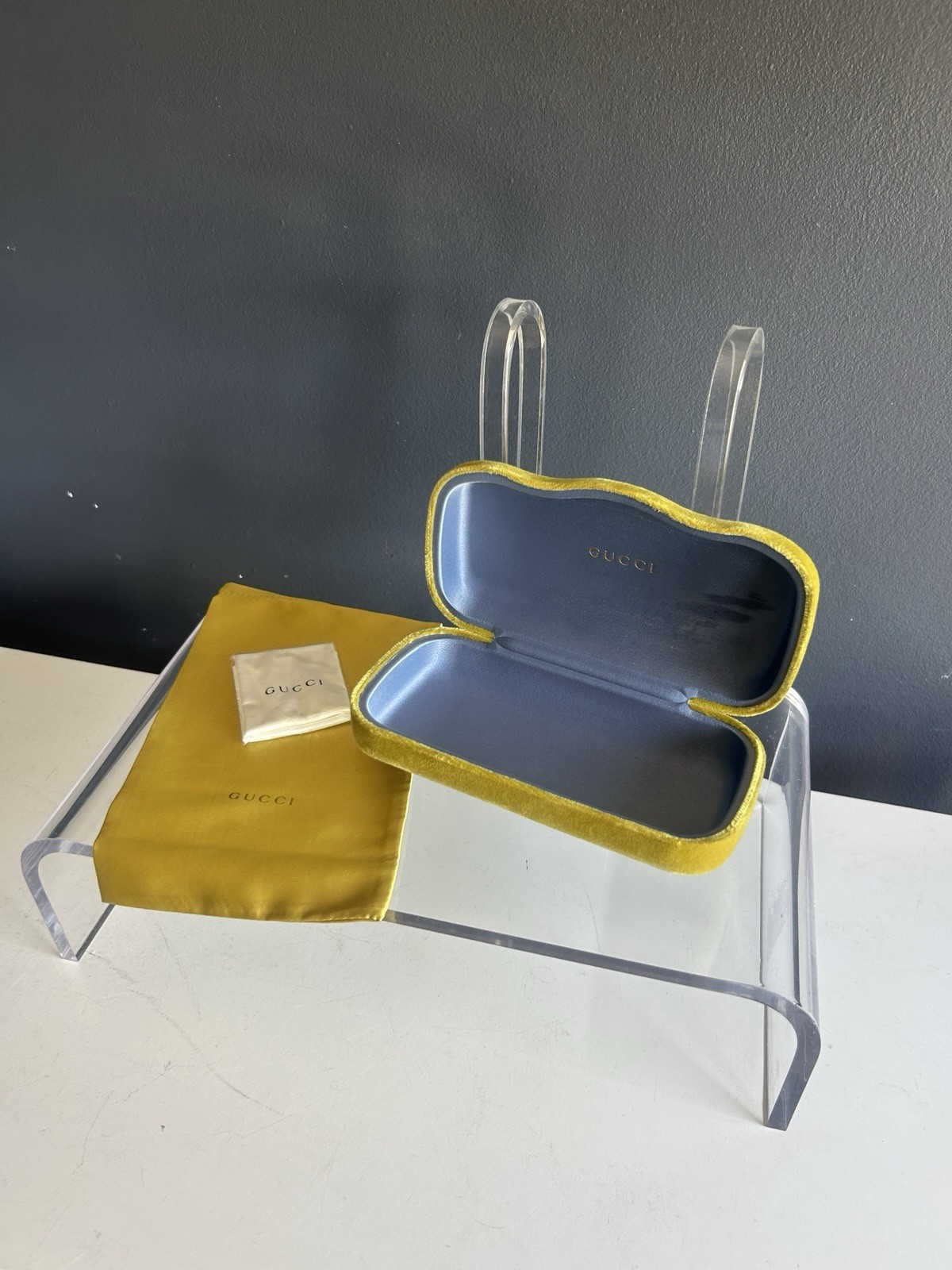 Gucci Yellow / Mustard Velvet Velour Hard Shell Eyeglasses Case, Cloth & Pouch