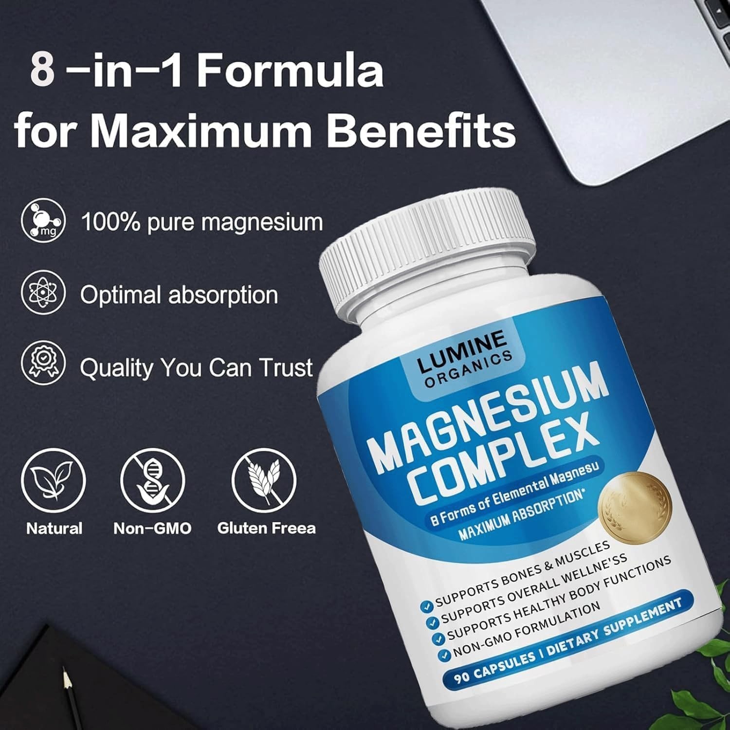 Lumine Organics Magnesium Complex Supplement 1000mg- Advanced 8-in-1 Magnesium B