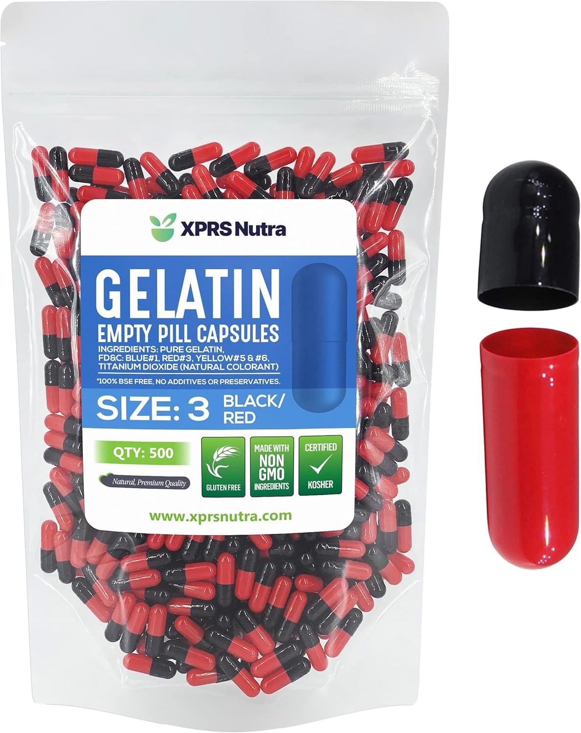 Size 3 Black & Red Empty Gelatin Pill Capsules Kosher Gel Gelcaps Made in USA