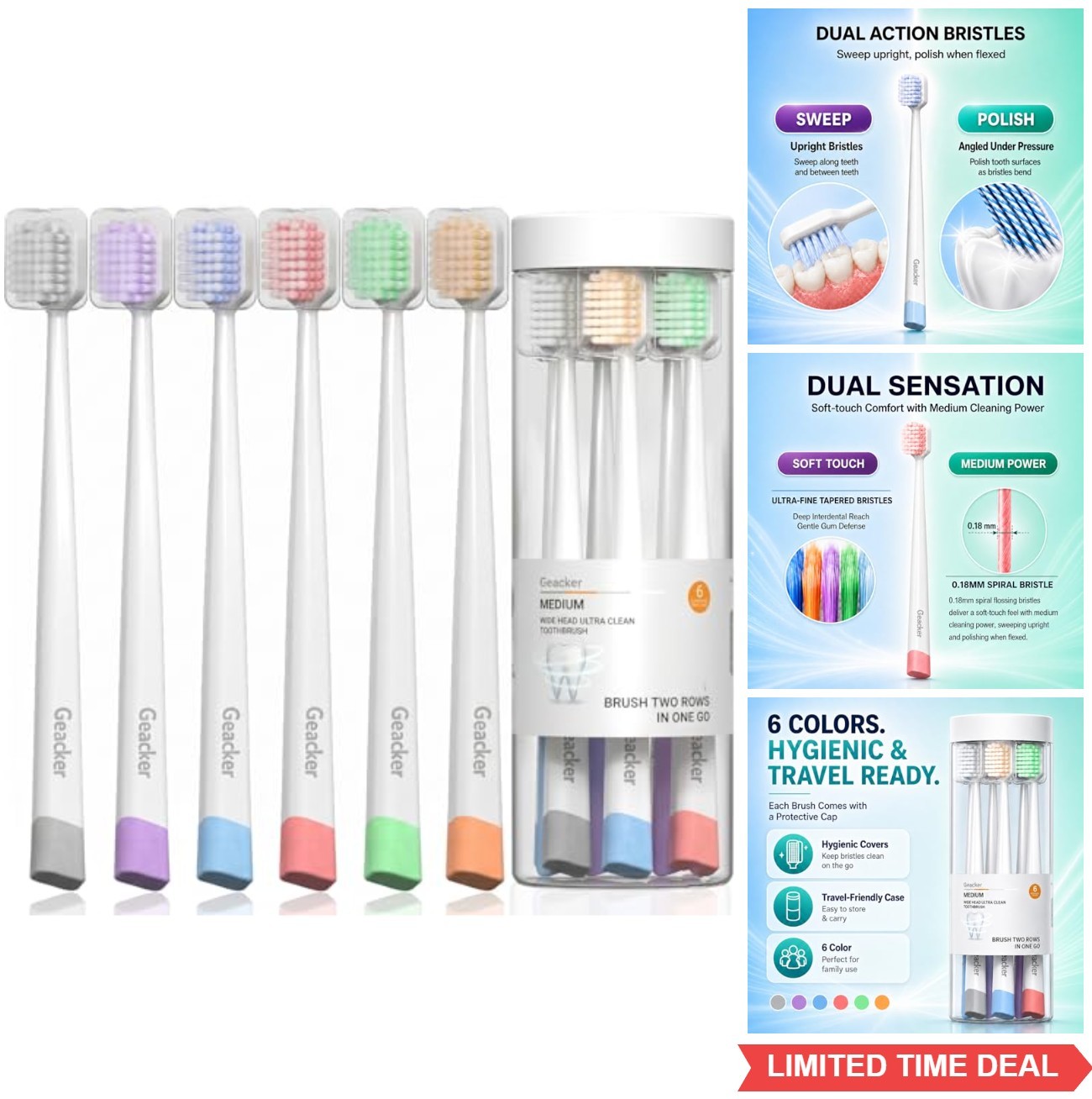Soft Bristle Manual Toothbrush 1.5X Wide Head Flossing Tapered Bristles 6 Count