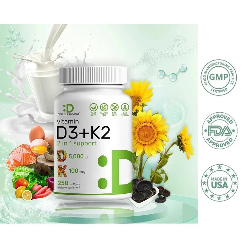 Vitamin D3 + K2, 5000 IU and 100 mcg, 250 softgels, 2 in 1 Complex