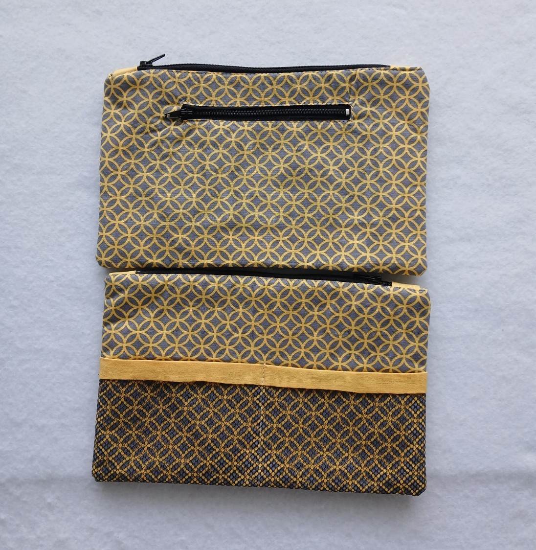 Handmade Lot of 7 Grey & Yellow Patterned Pouch with Black Zipper and Pocket