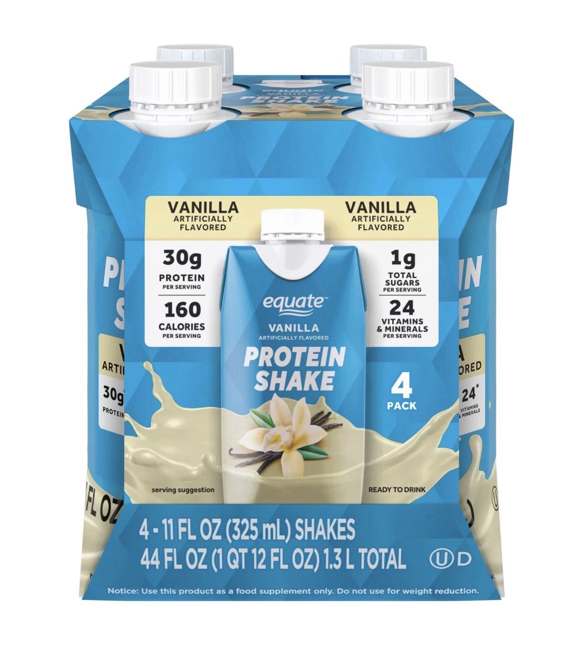 Equate High Performance Protein Shake, Vanilla, 30g Protein, 11 fl oz, 4 Count