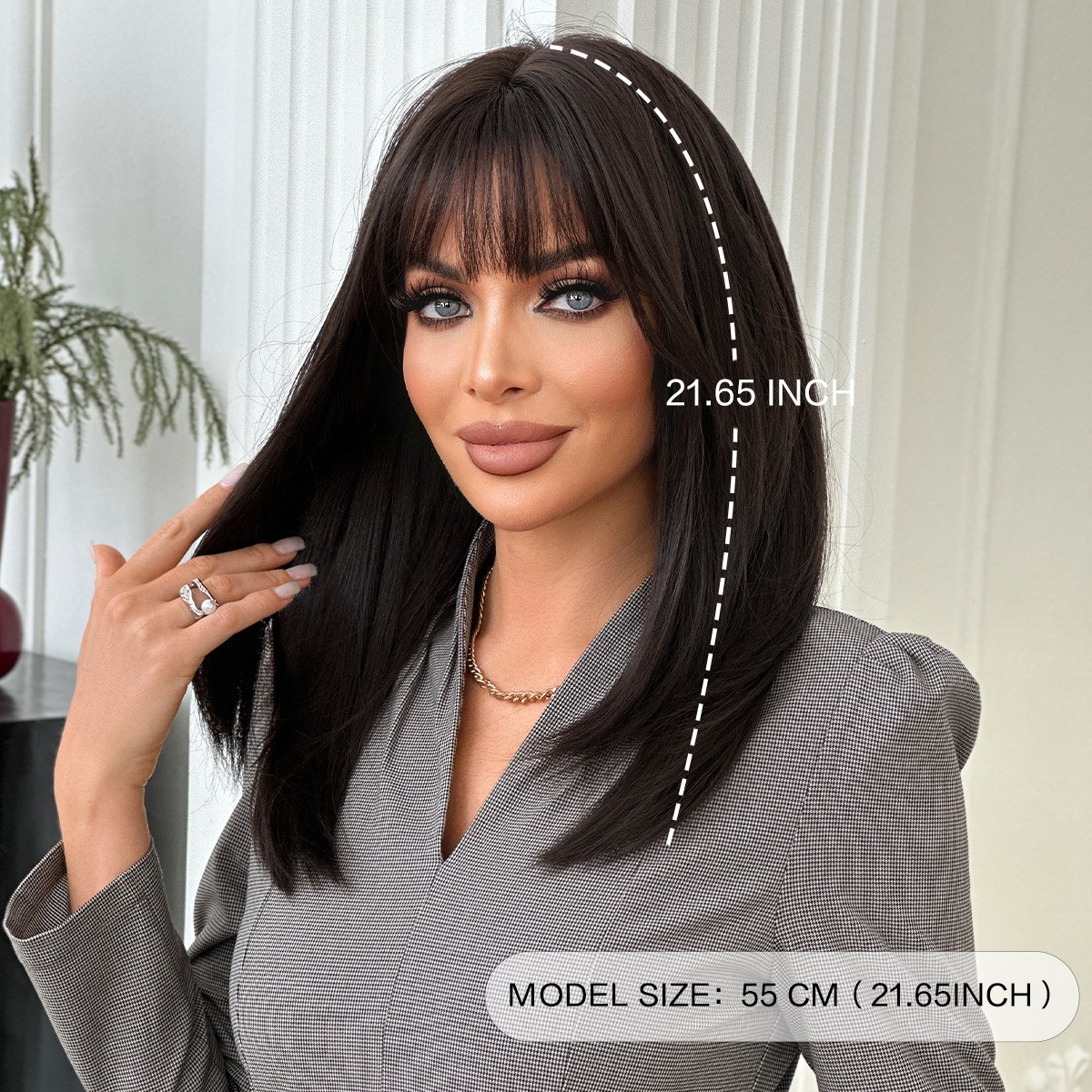 Dark Brown Chest Length Layered Straight Wig with Air Bangs High Quality