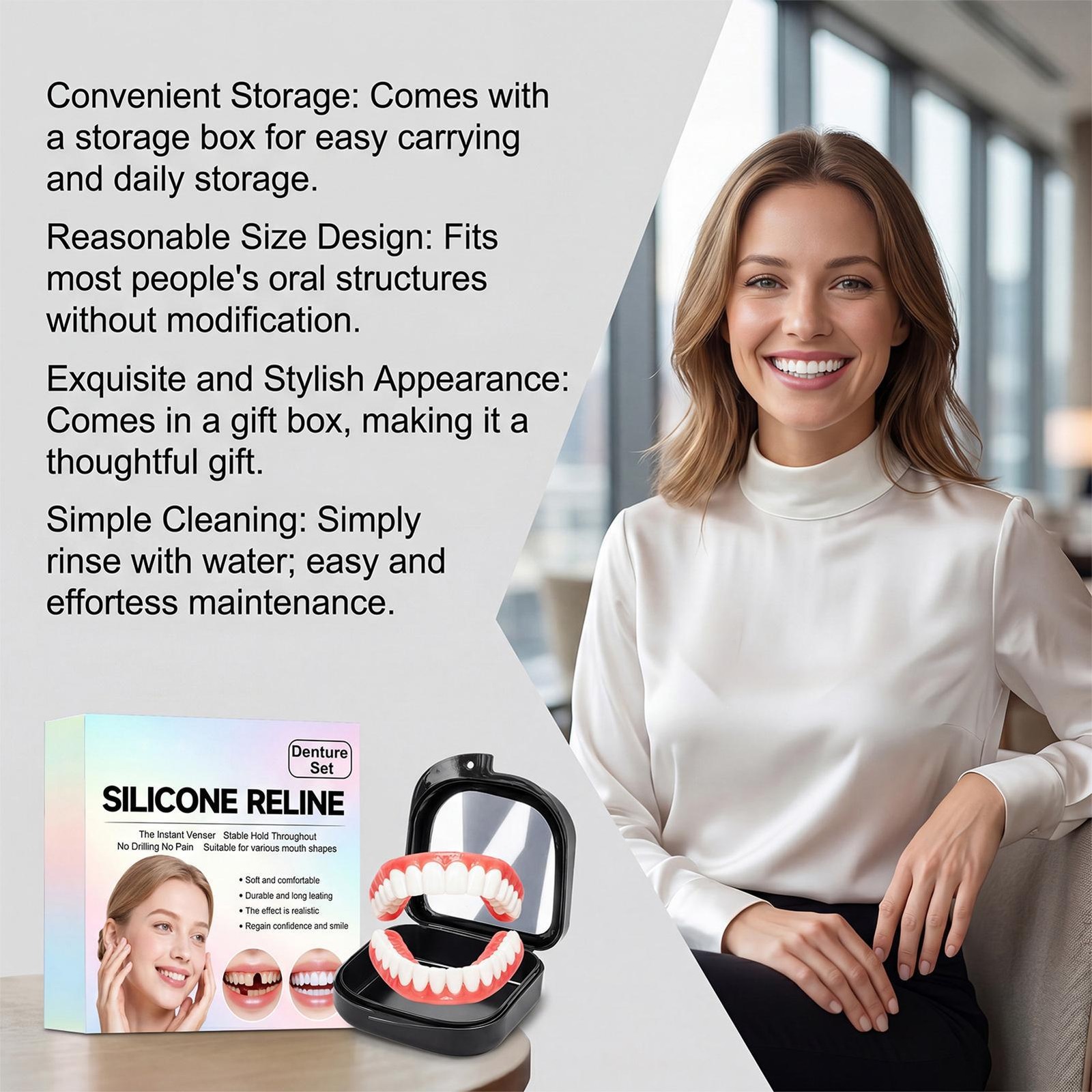 Silicone Denture Reline Kit with Full False Teeth Set Top Bottom Comfort Fit