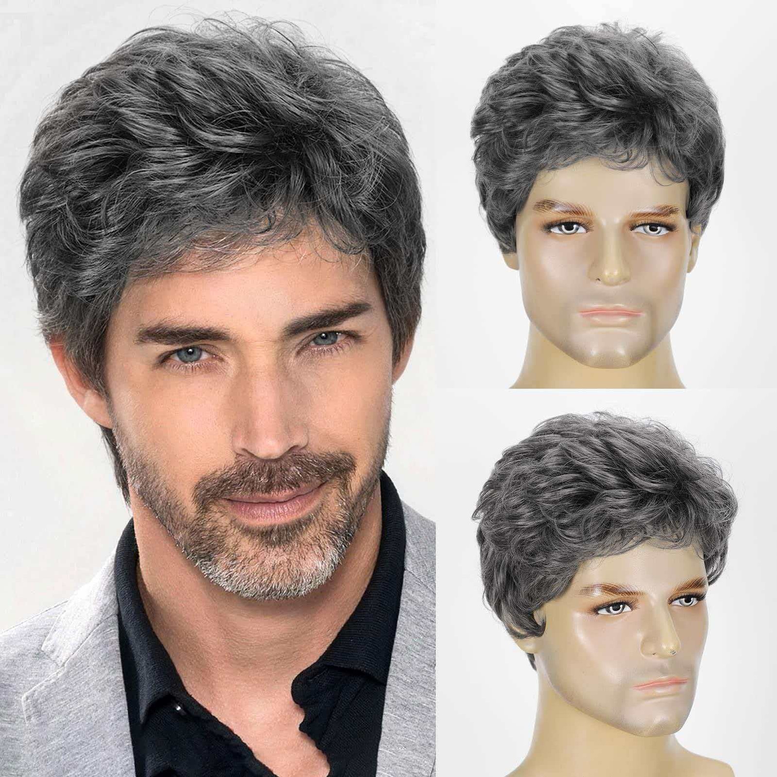 6in Silver Gray Full Wig for Men Heat Resistant Synthetic Cosplay Party