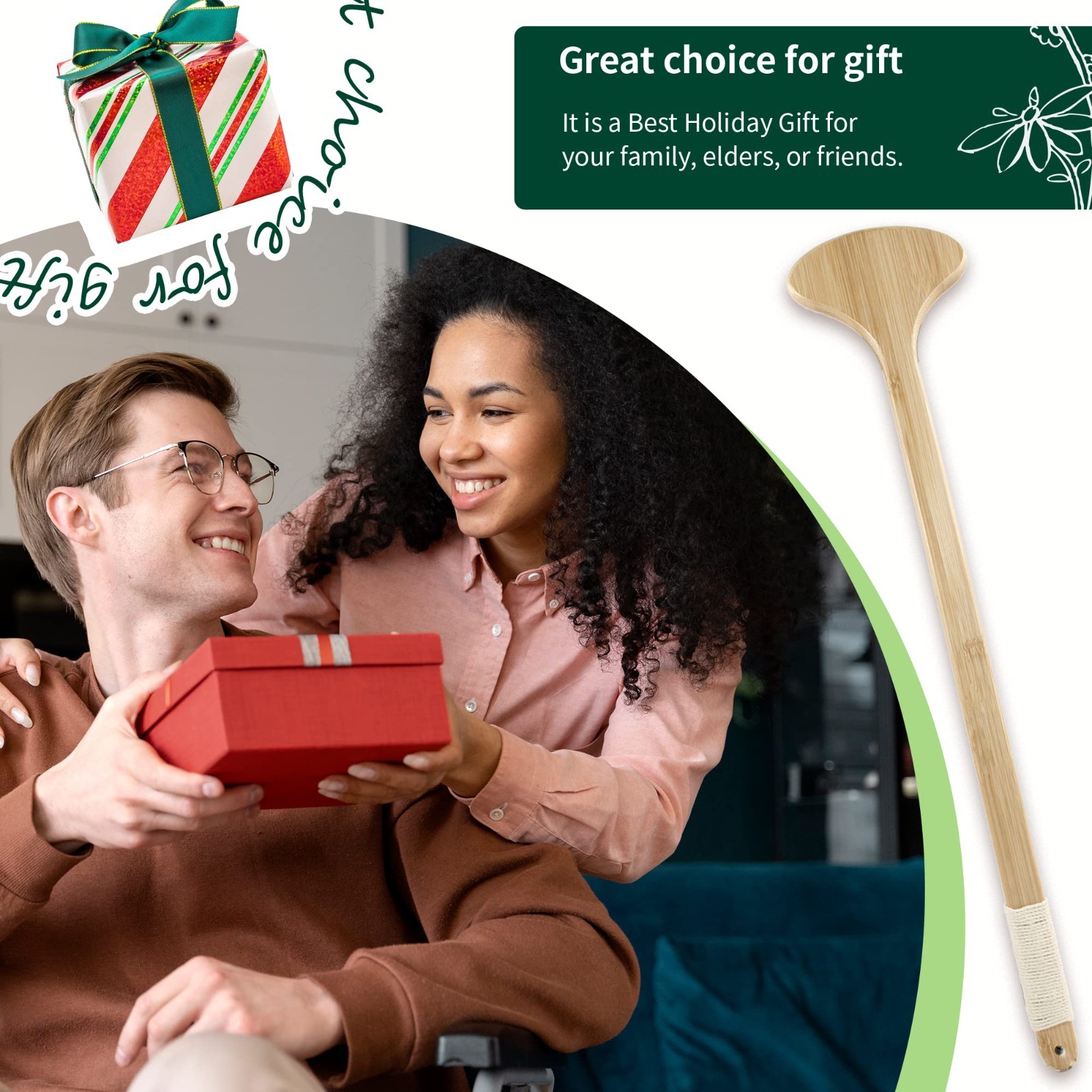 Extra Long Bamboo Back Scratcher 22″ – Curved Handle, Wide Brush Head, Itch Reli
