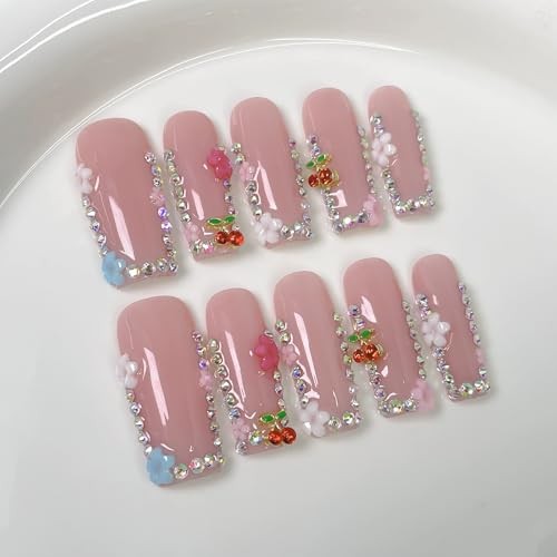 Handmade Press on Nails Long Square Fake Nails with 3D Cherry Pink SGJ1-10