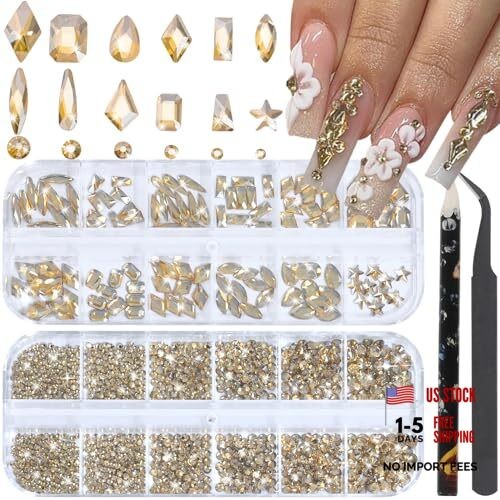Nail Rhinestones – 3D Multi Shape Size Crystal Nail Gems, Flat Champagne Gold