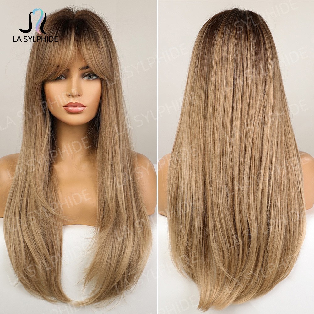 New Arrival Side Swept Bangs Ombre Brown to Blonde Straight Wig Heat Resistant