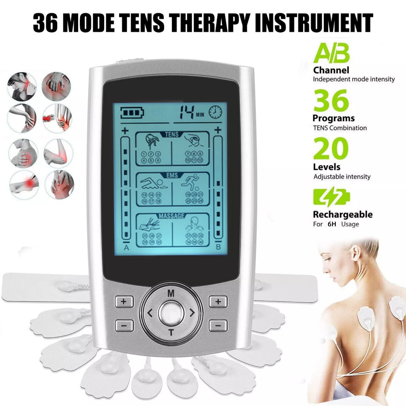 36 Modes Tens Unit Muscle Stimulator Machine Pulse Massager Therapy Pain Relief