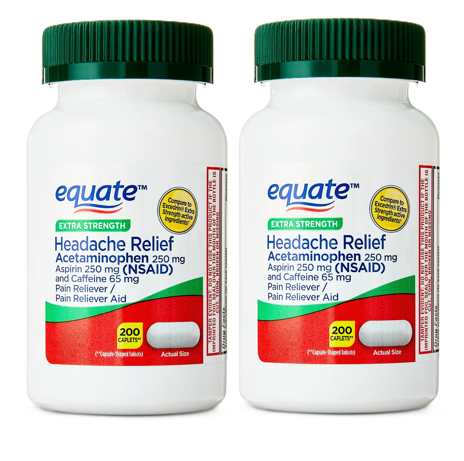 (2 Bottles) Equate Extra Strength Headache Relief Caplets, 250mg, 200 Count