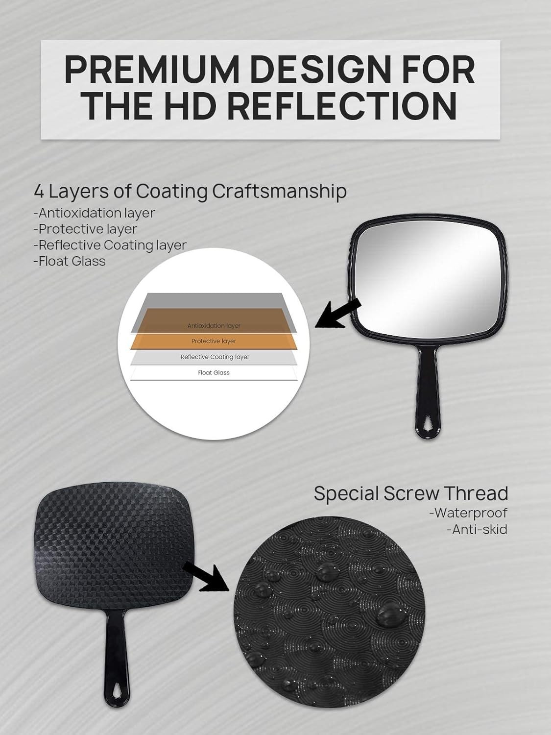 9.3″ L x 6.6″ W Hand Mirror, All Black Handheld Mirror including Handle