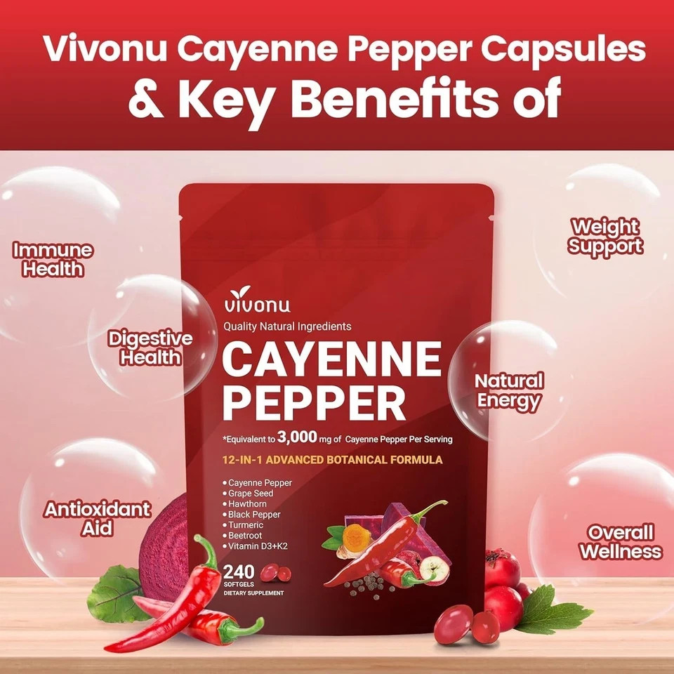 VivoNu Cayenne Pepper Softgels Supports Heart Vein Blood Vessel Health Vitamin E