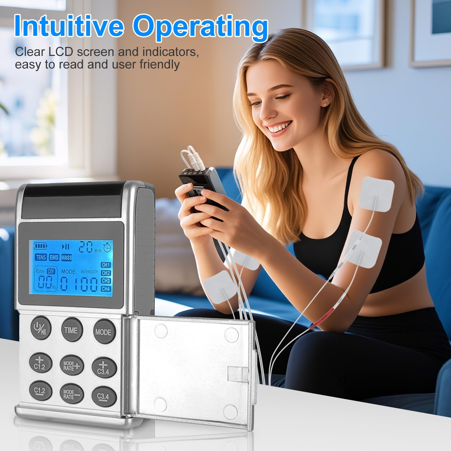 4-Channel Rechargeable TENS EMS Unit 24 Modes Muscle Stimulator for Pain Relief