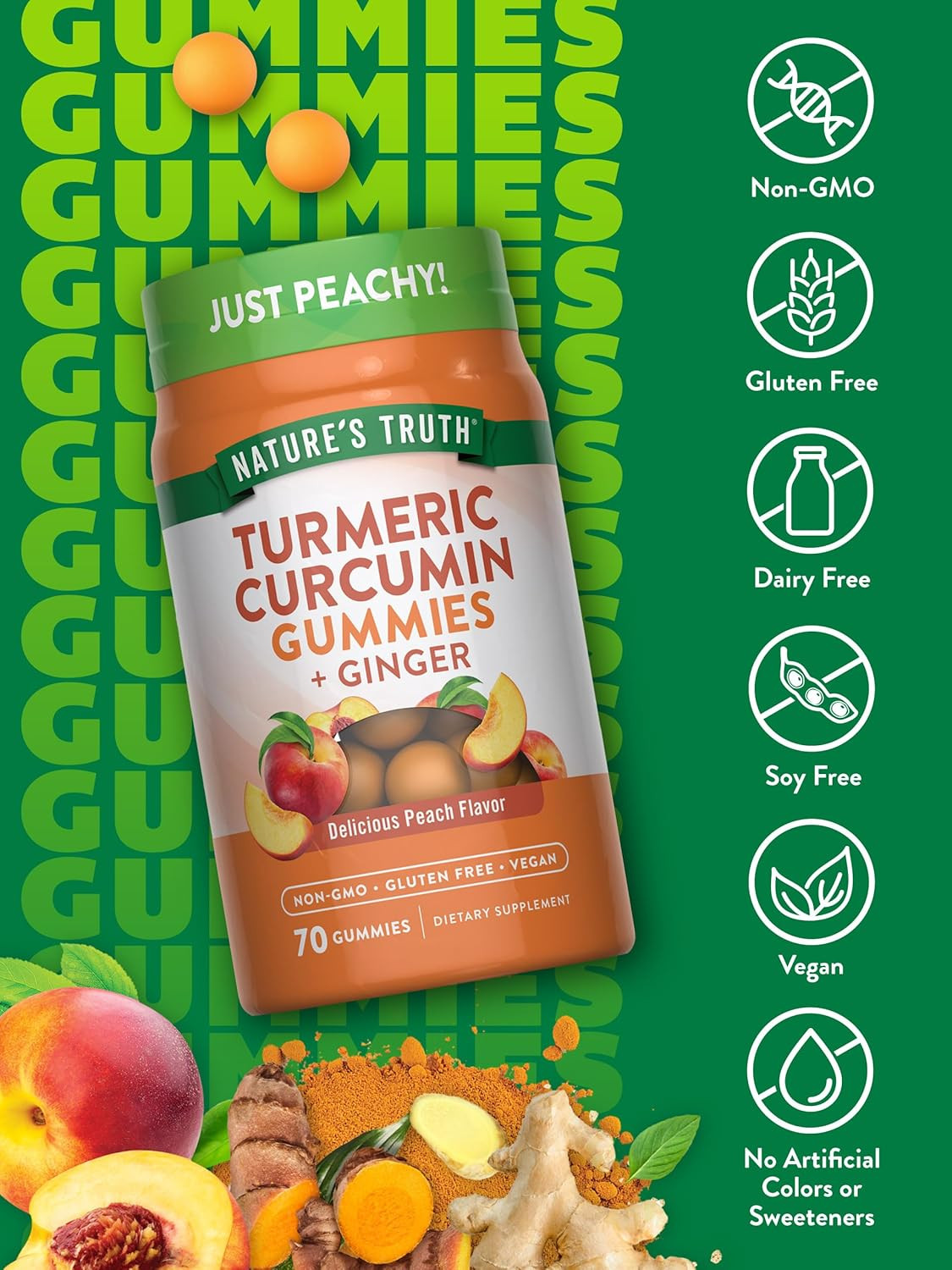 Turmeric and Ginger Gummies | 70 Count | Peach Flavor | Vegan, Non-Gmo, & Gluten