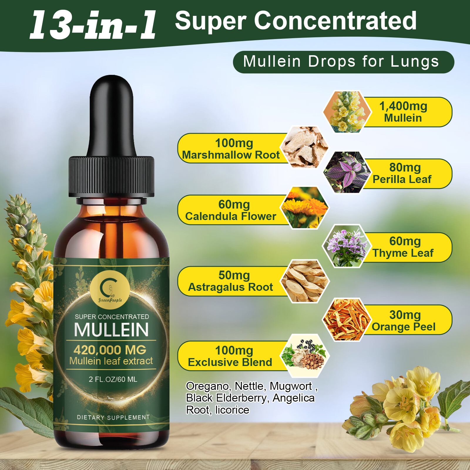 Mullein Leaf Extract Super Concentrated 420,000 MG 2 FL.OZ/60 ML Lung Cleanse