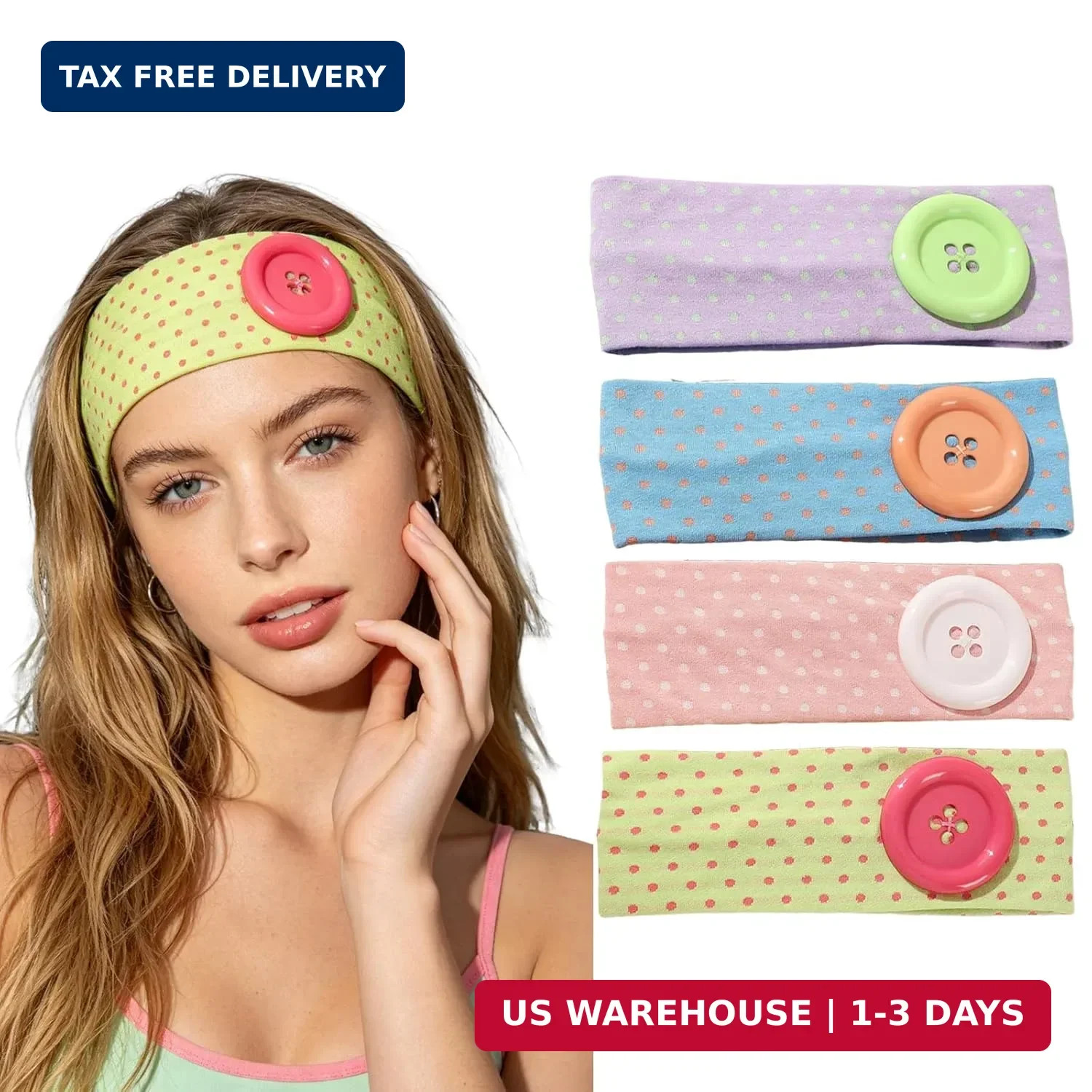 Polka Dot Head Bands for Women, Wide Stretchy Cloth Headbands with Big Buttons,