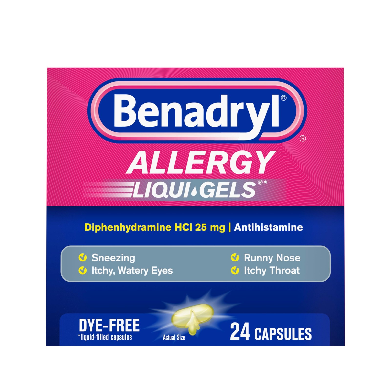 Benadryl Liqui-Gels Allergy Medicine, Dye-Free Liquid Gel 24 Count, Pink