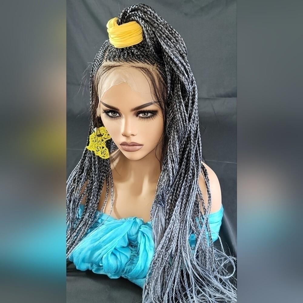 Braided Wig Micro Braids Lace Front Glueless 26in Silver Black Ombre Handmade