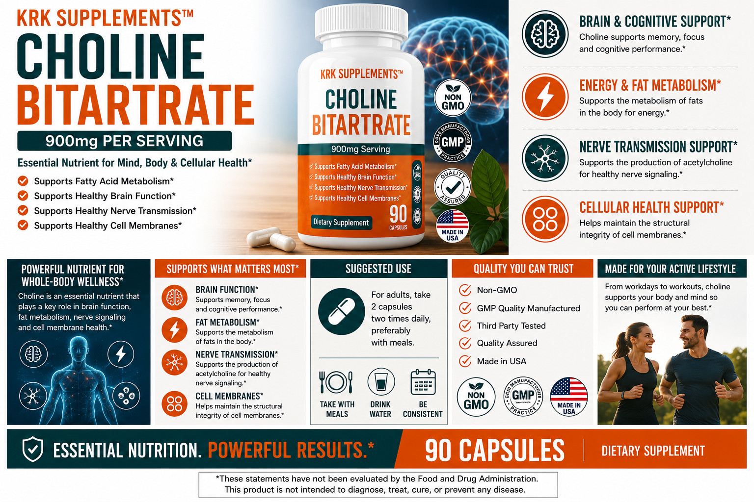 Choline Bitartrate 900mg per serving Brain Memory Booster Nootropic Fatty Liver