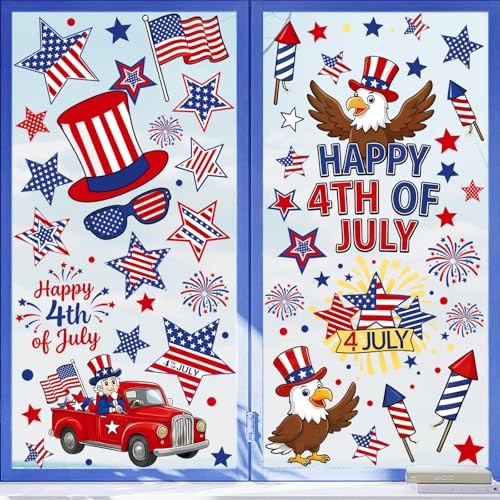 9 Sheets 4th of July Window Clings Double Sided Reusable Independence Day Red