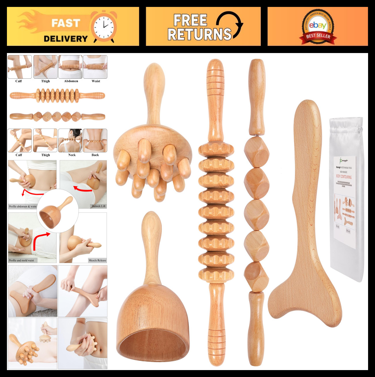 5-in-1 Wooden Massage Tools Kit for Lymphatic Drainage, Body Sculpting, Anti-Cel
