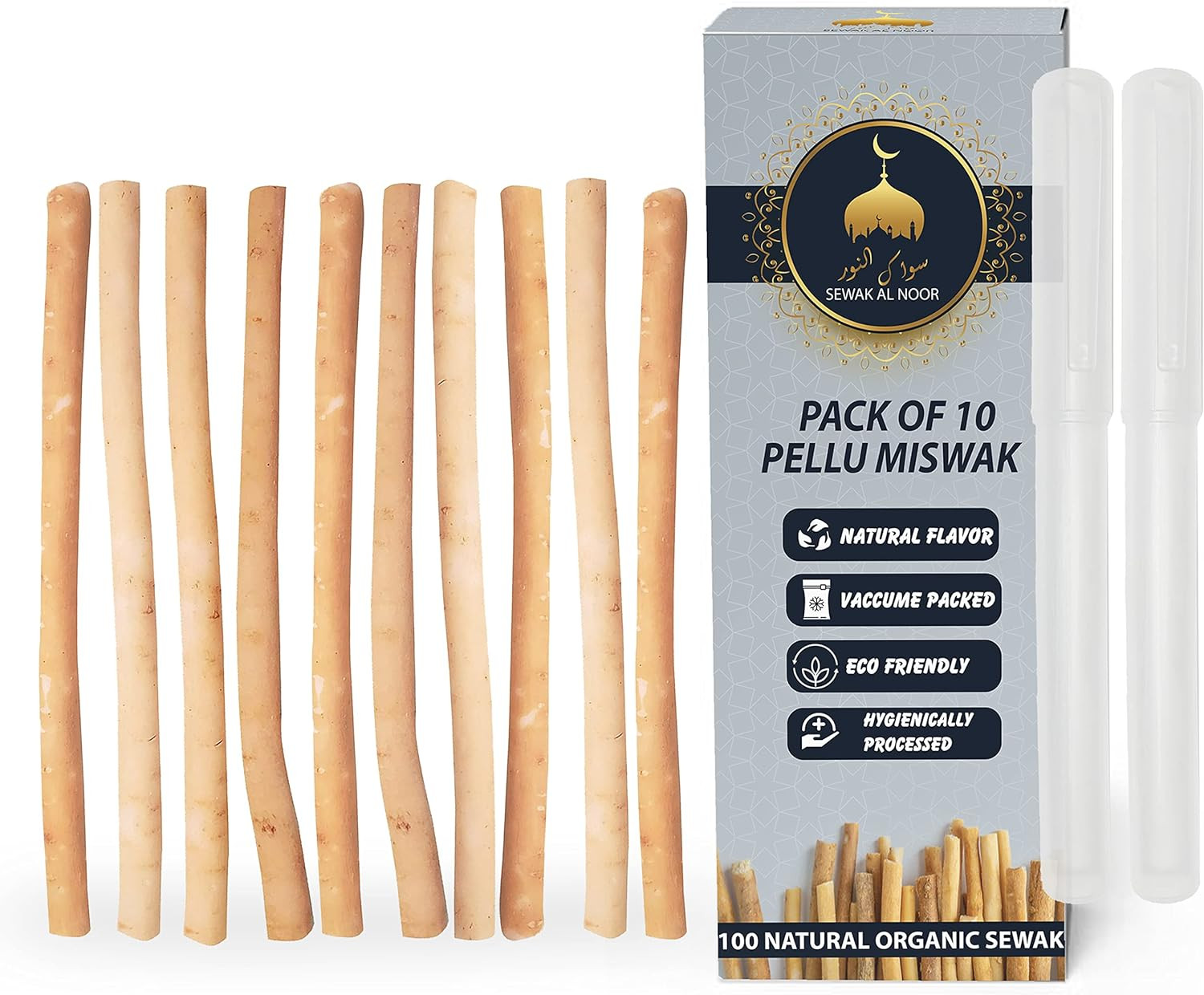 Miswak Sticks Pack of 10 with Holder – Vacuum Sealed Natural Flavored Chew Stick