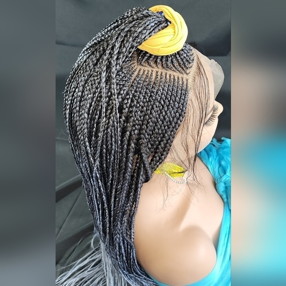 Braided Wig Micro Braids Lace Front Glueless 26in Silver Black Ombre Handmade