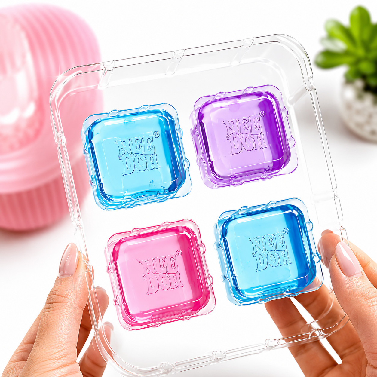 Nee Doh Nice Ice Baby Super Solid Squish Cube Set 4 Pack Pink/Blue/Purple