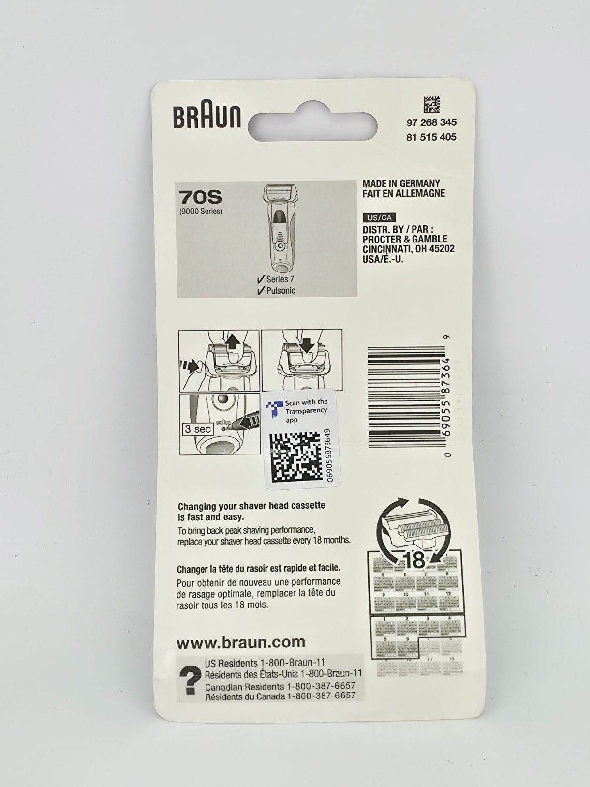 Braun Series 7 70S Replacement Electric Shaver Head Cassette 1ct TAPED PACKAGE