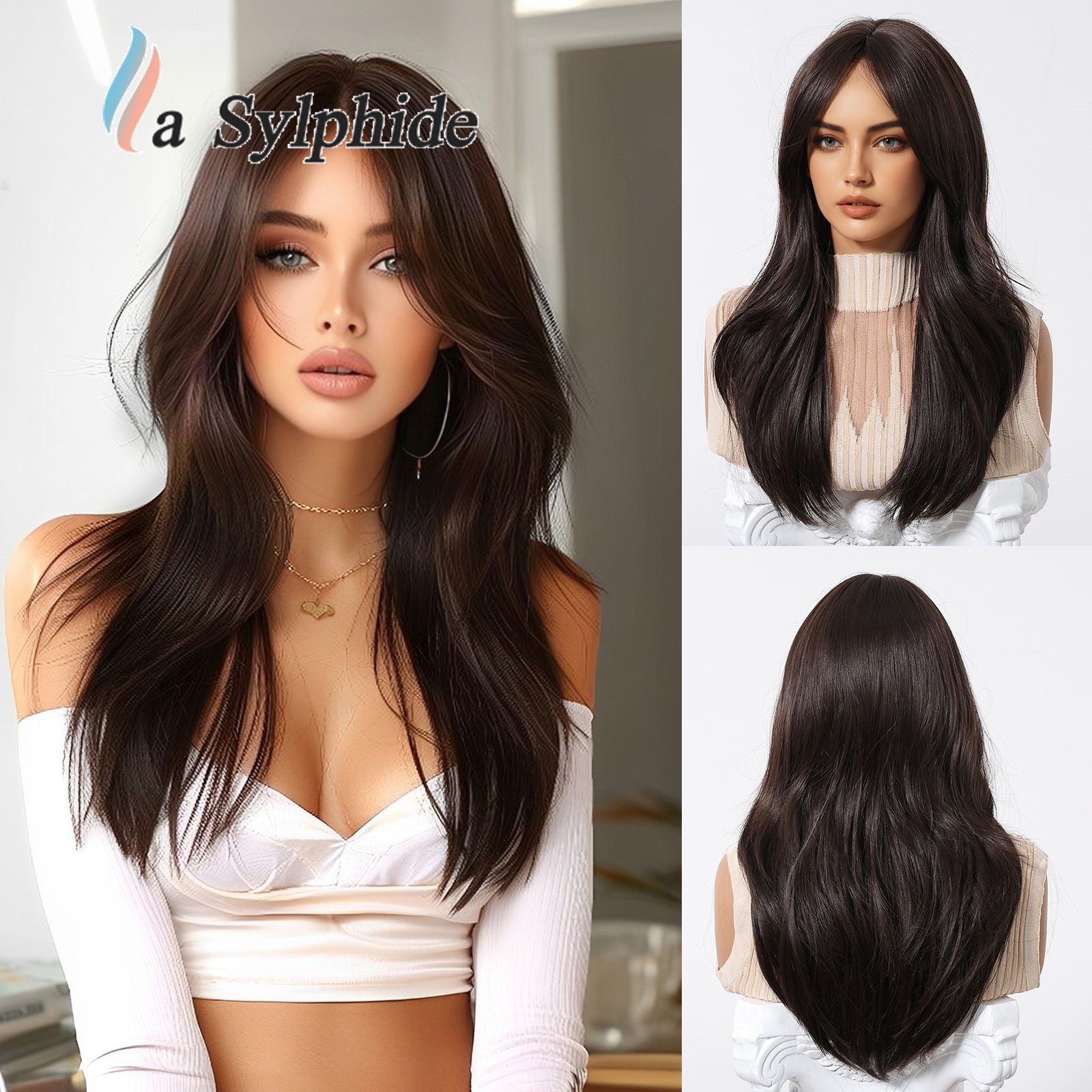 Brown to Golden Ombre Long Curly Wig With Side Bangs Rose Net Synthetic Full Wig
